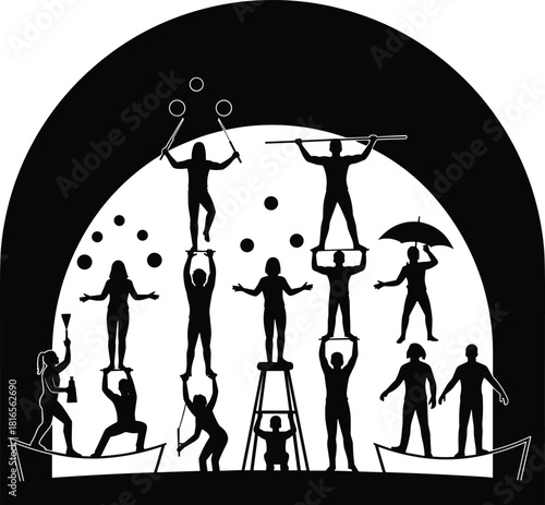 Circus acrobatic silhouettes vector, performers juggling balancing ladder boat umbrella illustration, stage entertainment icons, artistic motion design, show performance graphics