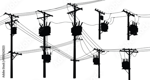 Complex network of utility poles with electrical transformers, power lines, voltage grid, energy distribution infrastructure, silhouette illustration for engineering, flat vector