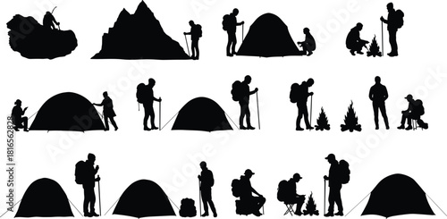 Camping hiking silhouettes, outdoor adventure vector, tent campfire backpack trekking, mountain climbing lifestyle icons, wilderness exploration nature travel illustration