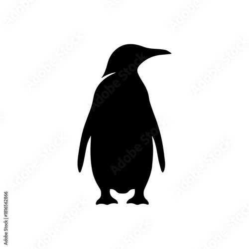 Black silhouette of a standing penguin on a white background, a simple and iconic animal illustration.