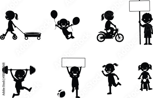 Children activity silhouette, kids playing vector, outdoor fun design, bicycle tricycle wagon, balloons sign lifting, fitness exercise, childhood play, flavector silhouette