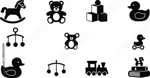 Children toys silhouette, rocking horse, teddy bear, toy train, baby mobile, duck pull toy, nursery icons, childhood objects, flat vector