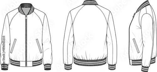 Bomber jacket flat sketch, technical fashion drawing, front back side view, CAD vector template, apparel design illustration, unisex outerwear silhouette garment