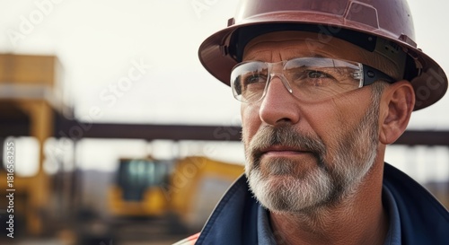 A man in a hard hat and safety glasses, standing in front of a construction site with machinery in the background.