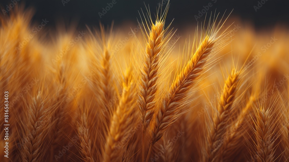 Obraz premium Golden Wheat Field Close Up Capturing Beautiful Wheat Grain Stalks with Soft Focus and Natural Light in a Scenic Agricultural Landscape