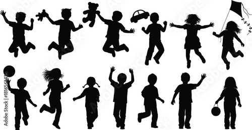 Children silhouettes collection, kids playing, jumping, running, holding toys, kite flying, ball games, joyful childhood, fun activity illustration -flat vector