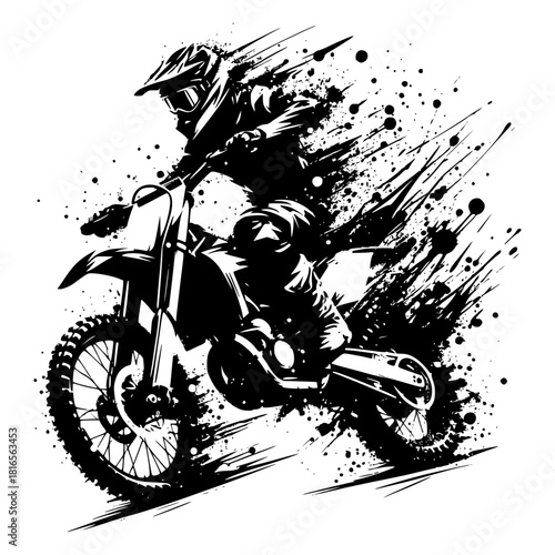 black and white, grunge, splatter, motorcycle, dirt bike, icon vector image illustration
