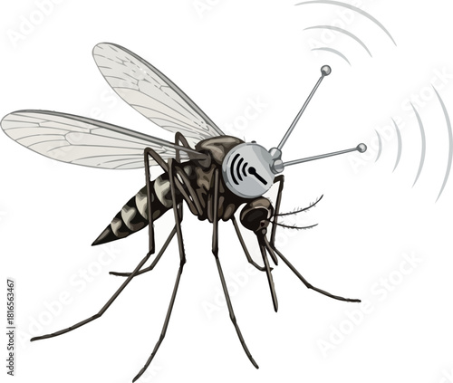Illustration of a mosquito with antenna and sound waves concept for surveillance and monitoring isolated on white background