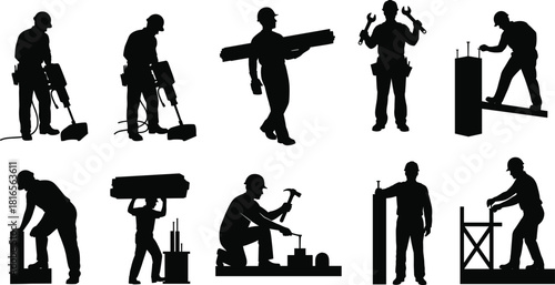 Construction worker silhouette, building labor, industrial job, heavy tools, teamwork, scaffolding, carpenter, engineer, repair, maintenance, construction site, workforce, industry - flat vector