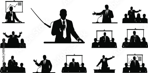 Business presentation silhouette, public speaking, leadership, conference, seminar, meeting, communication, audience, corporate training, speech, charts, teamwork, flat vector