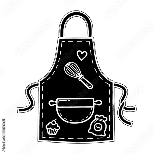 Black and White Hand-Drawn Baking Apron Icon with Kitchen Utensils