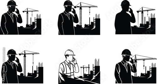 Construction manager silhouette, safety helmet supervision, mobile phone communication, industrial site background, crane structure, project management, occupational safety, black graphic, flat vector