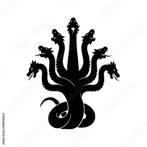 A black silhouette of a mythical multi-headed serpent creature, resembling a Hydra, with seven heads and a coiled body on a white background.
