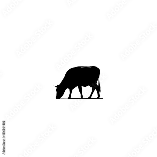 Black silhouette of a cow grazing on a white background, depicting a farm animal in a simple, minimalist style.
