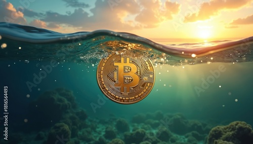 Fototapeta Naklejka Na Ścianę i Meble -  Golden bitcoin floats underwater near coral reef at sunset. Ocean waves and calm sea reflect warm sun rays. Crypto currency concept art, digital coin in water.