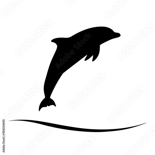 Black silhouette of a dolphin jumping gracefully out of the water, depicted with a simple wave line below.