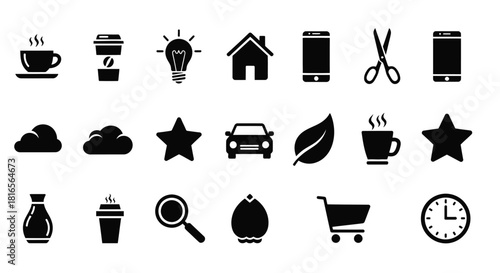 A simple black vector set of food and kitchen icons including coffee cups, pots, pans, spoons, drinks, and cooking symbols
