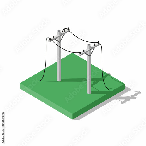 Dual concrete electric poles with curved power lines on a green square ground, clean composition, isometric view, simple and minimalist flat design with plain white background.