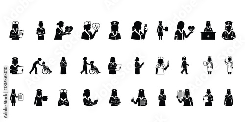 Nurse Icon Set  Medical Nurse Silhouette Collection