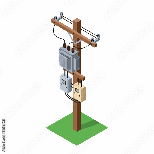 Distribution pole with mounted transformer and electrical boxes
