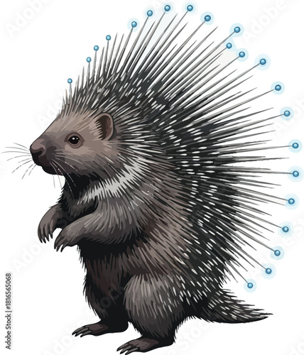 Illustration of a porcupine with glowing quills detailed animal art isolated on white background