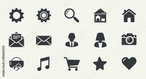 A clean set of vector web icons with common symbols like home, mail, phone, cart, search and business tools for website and app design