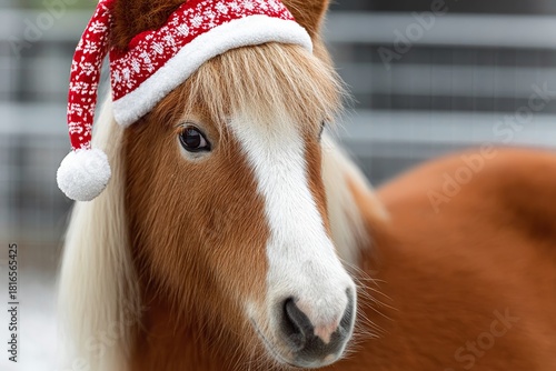 Charming chestnut miniature horse smiles sweetly adorned with a festive red Santa hat in winter