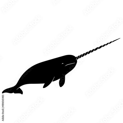 A black silhouette of a narwhal with its long, spiraled tusk swimming in profile against a white background.