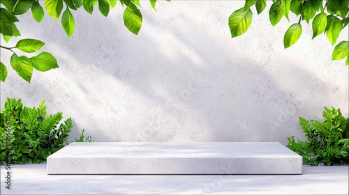 A minimalist outdoor scene featuring a rectangular stone pedestal in the foreground, surrounded by lush green foliage and a textured white wall. Sunlight casts