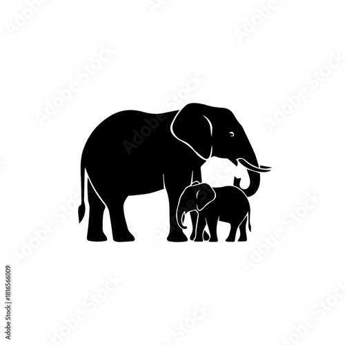 Black silhouette of an adult elephant and a baby elephant standing together on a white background.