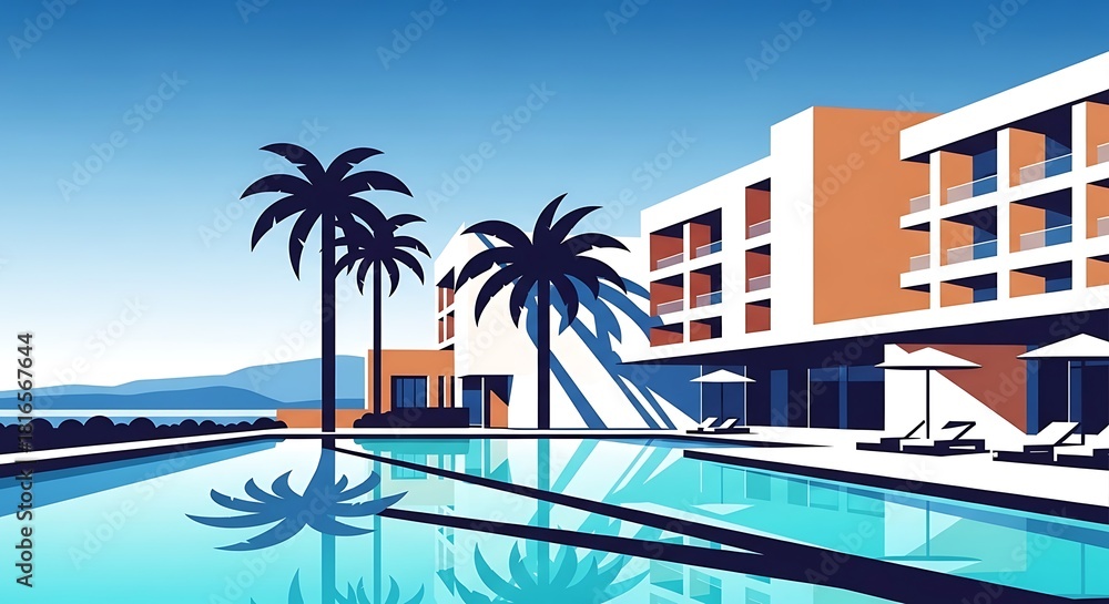Obraz premium Modern resort illustration with pool, palms, and sleek architecture