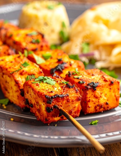 Close-up of grilled paneer skewers with naan and rice
