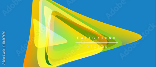 Abstract design features layered triangles, vibrant colors. Gradient transitions create dynamic visual effect. Blue backdrop enhances luminosity.