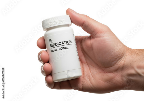 Hand holding white medication bottle with 200mg dose isolated on a transparent background