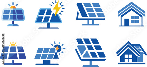 Solar panel and house icon set for renewable energy