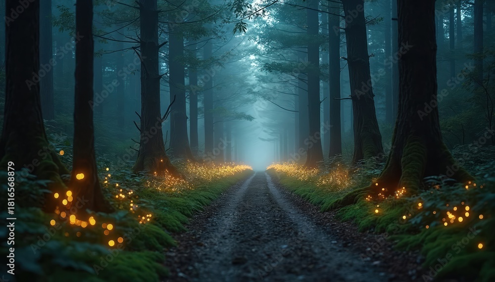 Fototapeta premium Path through dark forest with glowing fireflies illuminating mossy ground. Tall trees create canopy above dirt road. Mystical, magical, nocturnal scene. Ethereal light guides way.