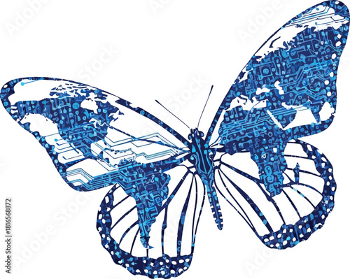 Butterfly wings with world map and circuit board pattern conceptual illustration for technology and global connectivity isolated on white