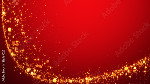 red christmas background with golden glitter shiny stars and bokeh lights trail , winter holiday new year celebration social media background	