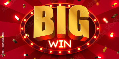 Exciting Big Win banner with golden 3D text, illuminated frame, and falling confetti.