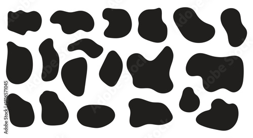 Fluid abstract rounded organic forms with soft blob shapes, curved liquid figures, irregular bubble outlines, smooth wavy strokes, geometric minimal splashes, trendy asymmetric textures, and clean