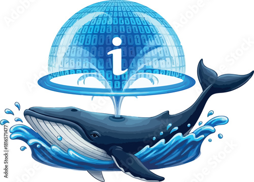 Whale breaching with an information symbol under a digital dome conceptual vector illustration for data and technology isolated on white