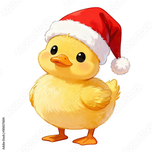 Cute yellow duckling animal wearing red Christmas hat for holiday season. festive and cheerful bird character
