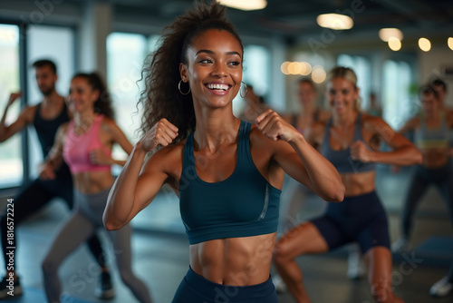High-Energy Fitness Class: Smiling Woman Leading Group Cardio Workout in Gym