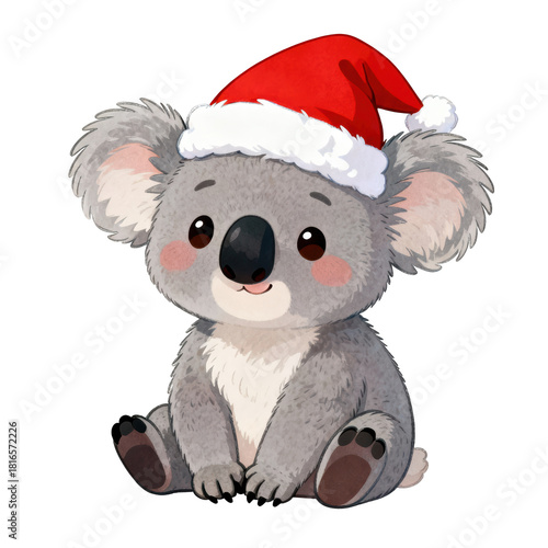 Cute happy koala illustration with red Santa hat for Christmas holiday. This smiling animal character sits up