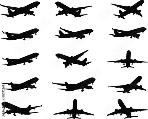 Silhouette collection of commercial airplanes in various flight angles and positions, detailed black vector aircraft icons for aviation design projects