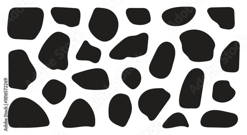 Abstract geometric liquid blobs and organic round shapes combined with doodle curves, wavy bubble outlines, smooth oval frames, colourful irregular forms, minimal three-dimensional figures