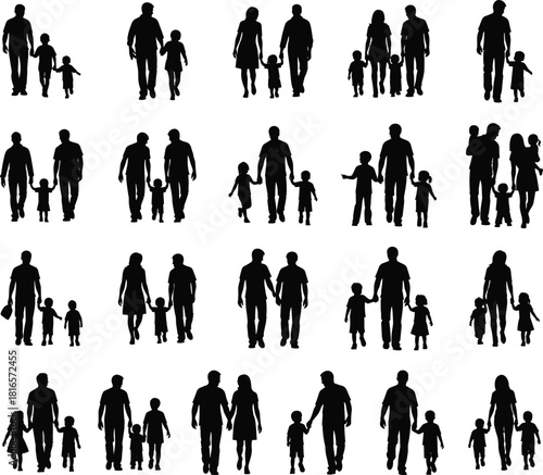 Diverse family silhouettes walking together in various poses representing parenthood unity bonding relationships modern vector illustration for lifestyle design themes