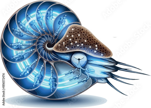 Futuristic nautilus shell illustration with glowing blue elements a modern design concept for technology and innovation isolated on white