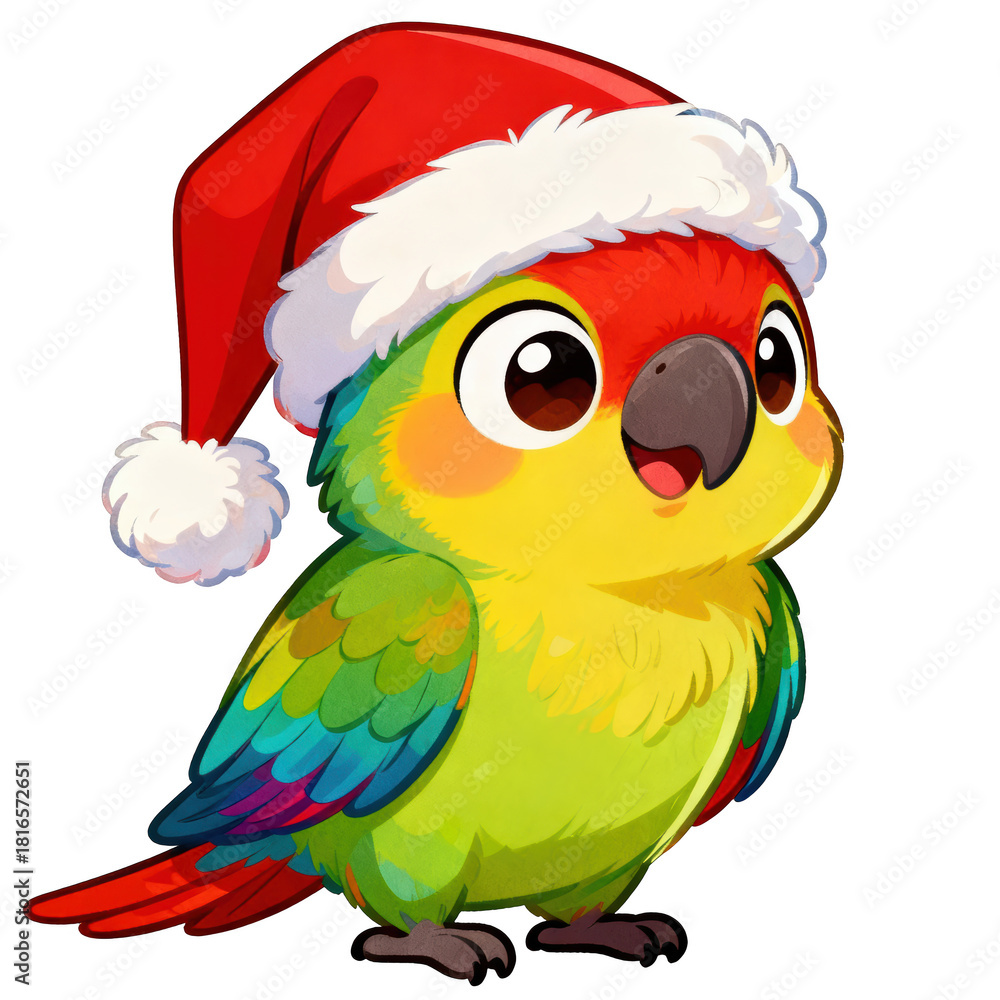 Fototapeta premium Cute colorful cartoon parrot bird in red Santa hat smiling. happy, festive character for Christmas holiday