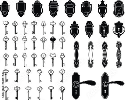 Vintage door knockers, ornate skeleton keys, antique handles, and classic lock elements in detailed black and white vector illustration for design projects